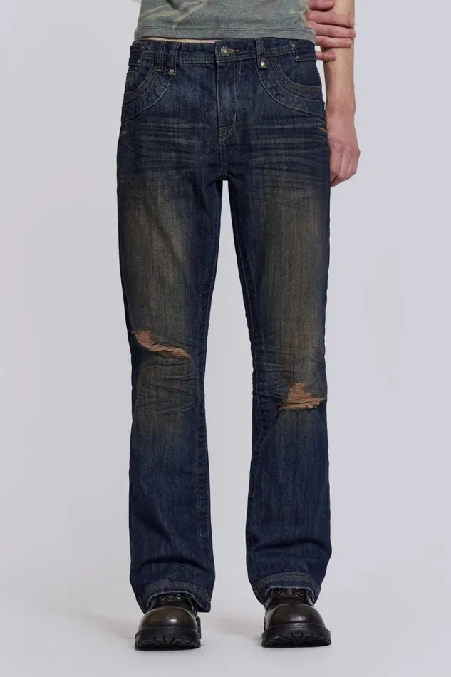 Jaded London Bootcut Jeans Men Embroidered Bass Jeans Blue