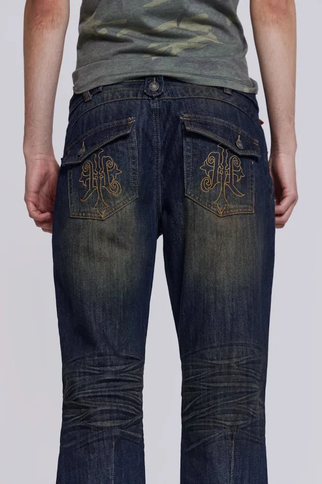 Jaded London Bootcut Jeans Men Embroidered Bass Jeans Blue