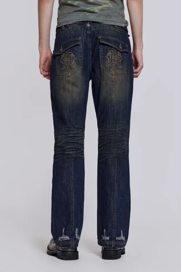Jaded London Bootcut Jeans Men Embroidered Bass Jeans Blue