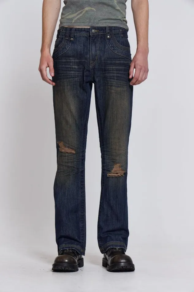 Jaded London Bootcut Jeans Men Embroidered Bass Jeans Blue