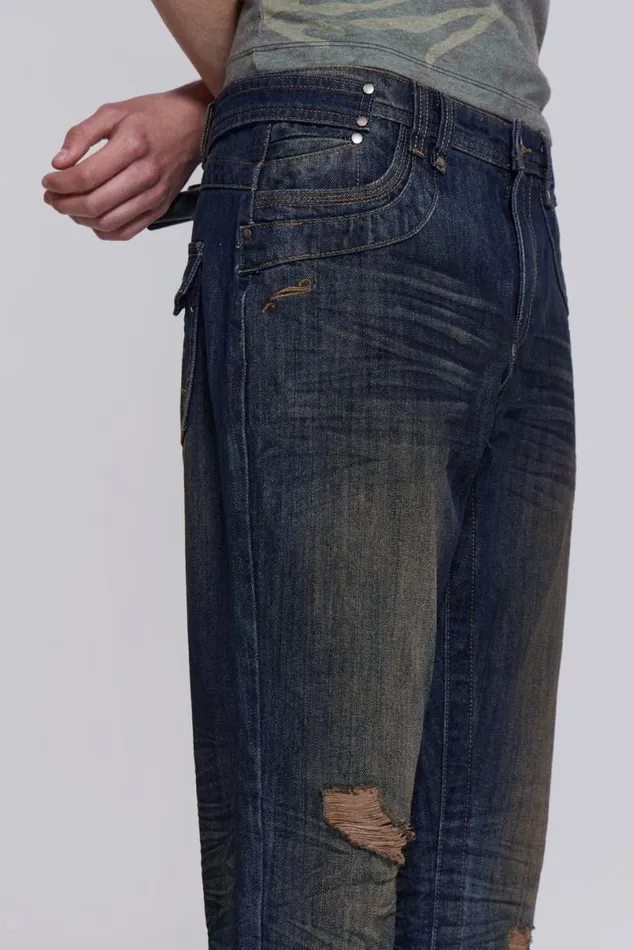 Jaded London Bootcut Jeans Men Embroidered Bass Jeans Blue