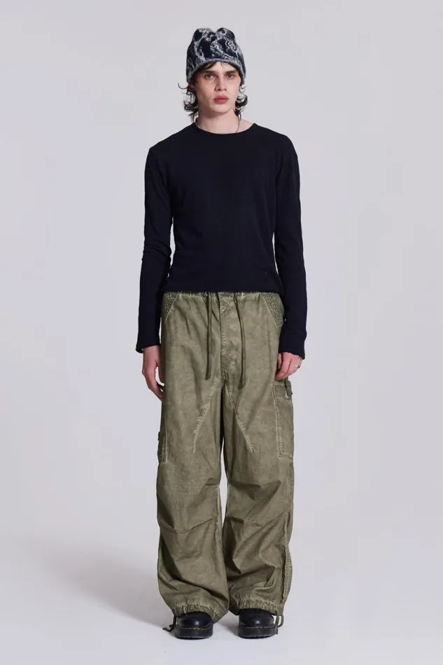 Jaded London Cargo Pants Men Khaki Oil Wash Parachute Pants Khaki
