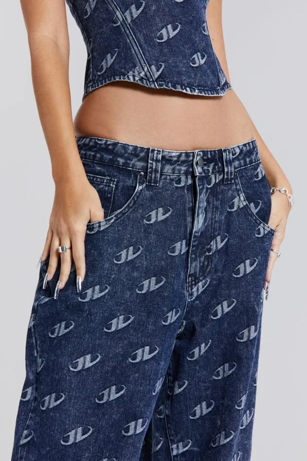 Jaded London CoOrds Women Monogram Baggy Jeans Blue