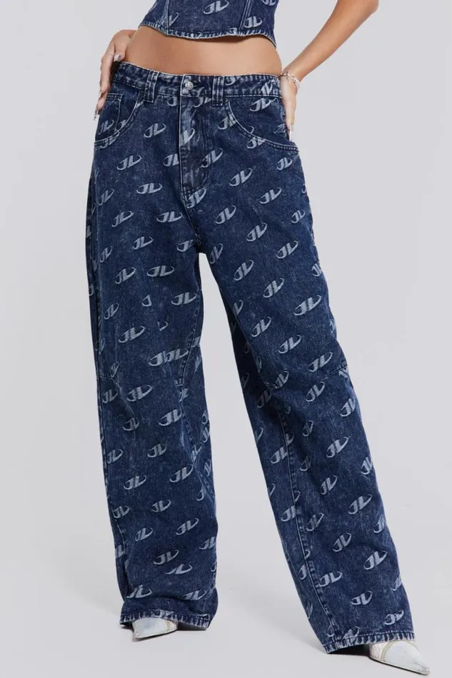 Jaded London CoOrds Women Monogram Baggy Jeans Blue