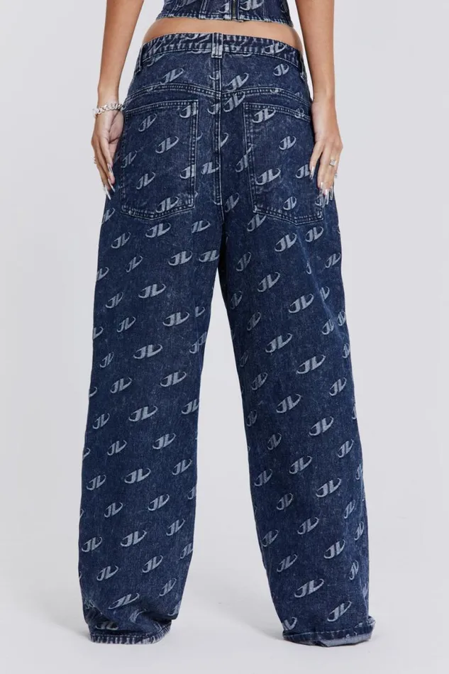 Jaded London CoOrds Women Monogram Baggy Jeans Blue
