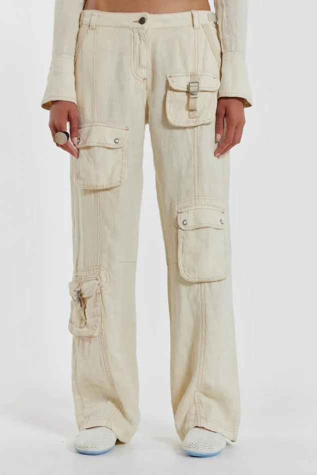 Jaded London CoOrds Women Santal Linen Cargo Trousers Ecru