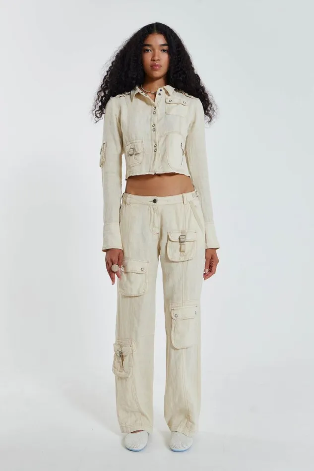 Jaded London CoOrds Women Santal Linen Cargo Trousers Ecru