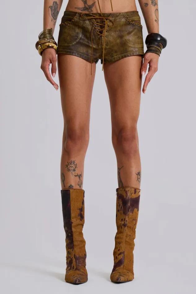 Jaded London CoOrds Women Vaca Whipstitch Faux Leather Mini Shorts Green