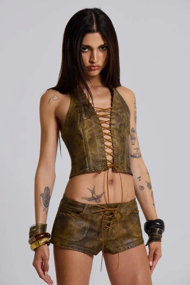 Jaded London CoOrds Women Vaca Whipstitch Faux Leather Mini Shorts Green