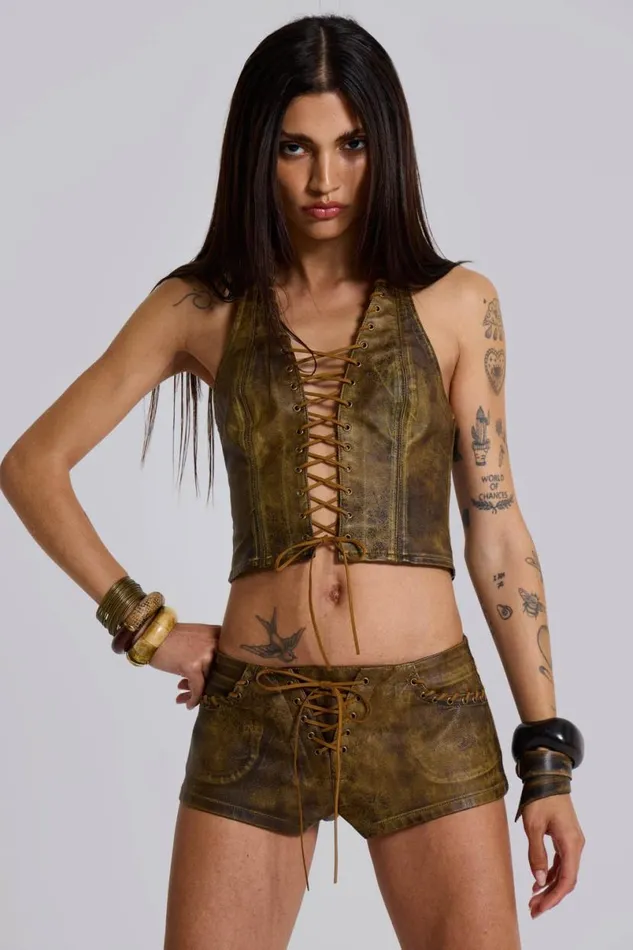 Jaded London CoOrds Women Vaca Whipstitch Faux Leather Mini Shorts Green