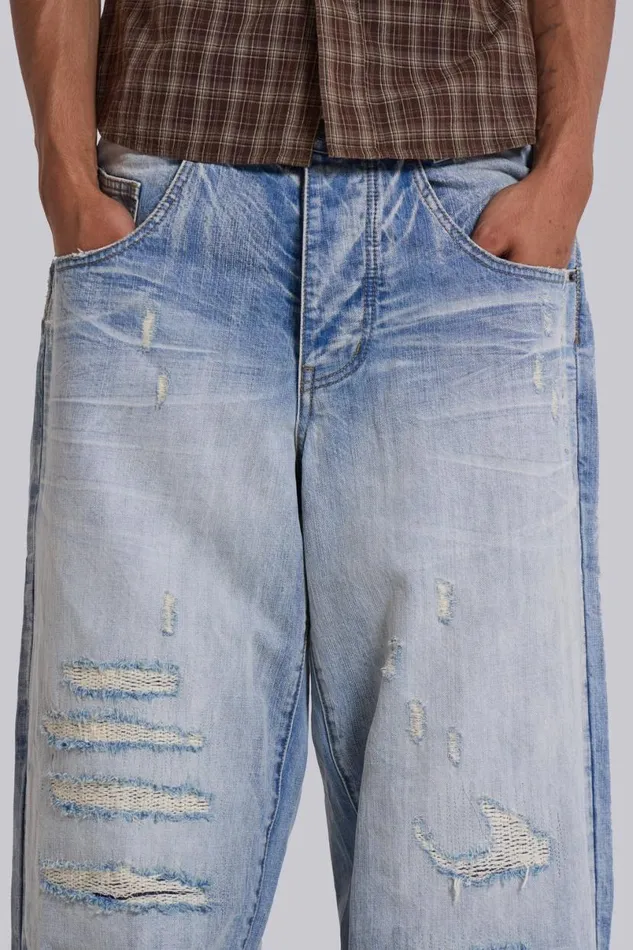Jaded London Colossus Jeans Men Bleach Repaired Low Rise Colossus Blue