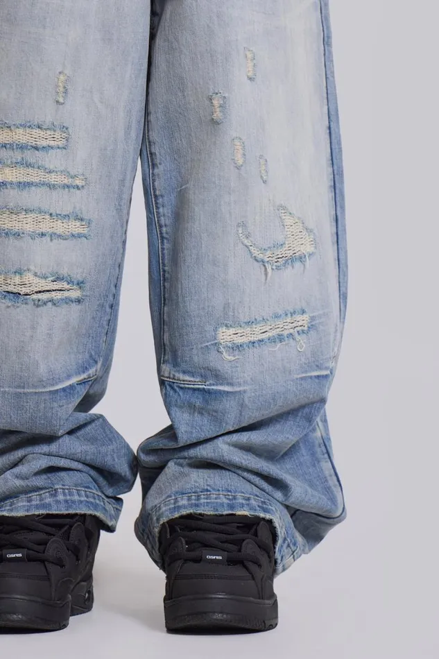 Jaded London Colossus Jeans Men Bleach Repaired Low Rise Colossus Blue