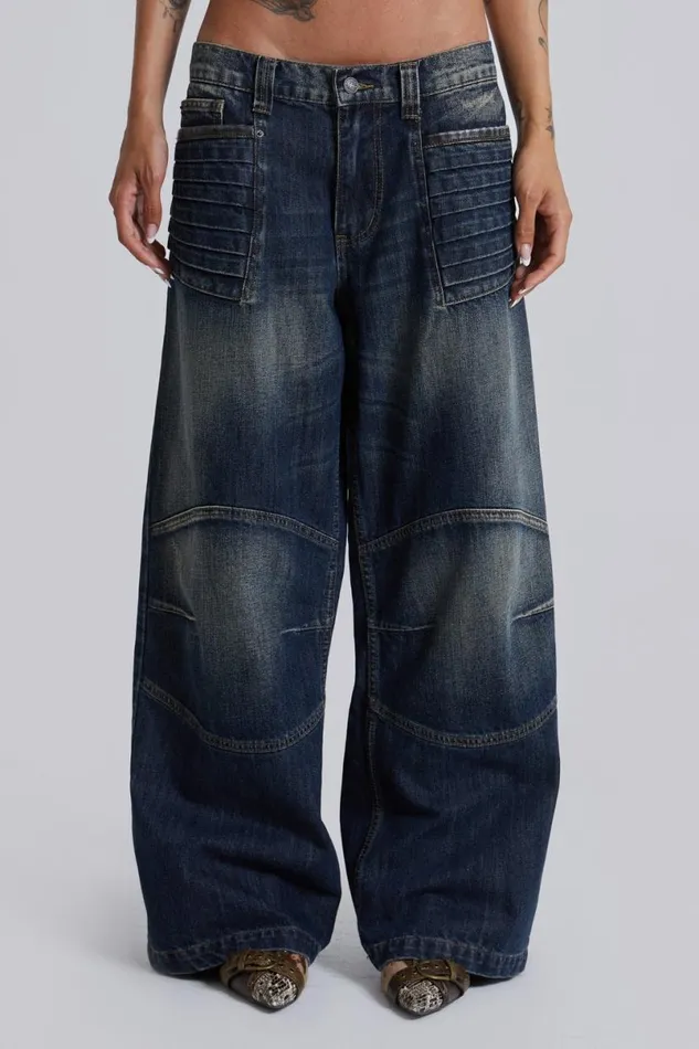 Jaded London Jeans WomenUnisex Mid Blue Crash Biker Colossus Jeans Blue