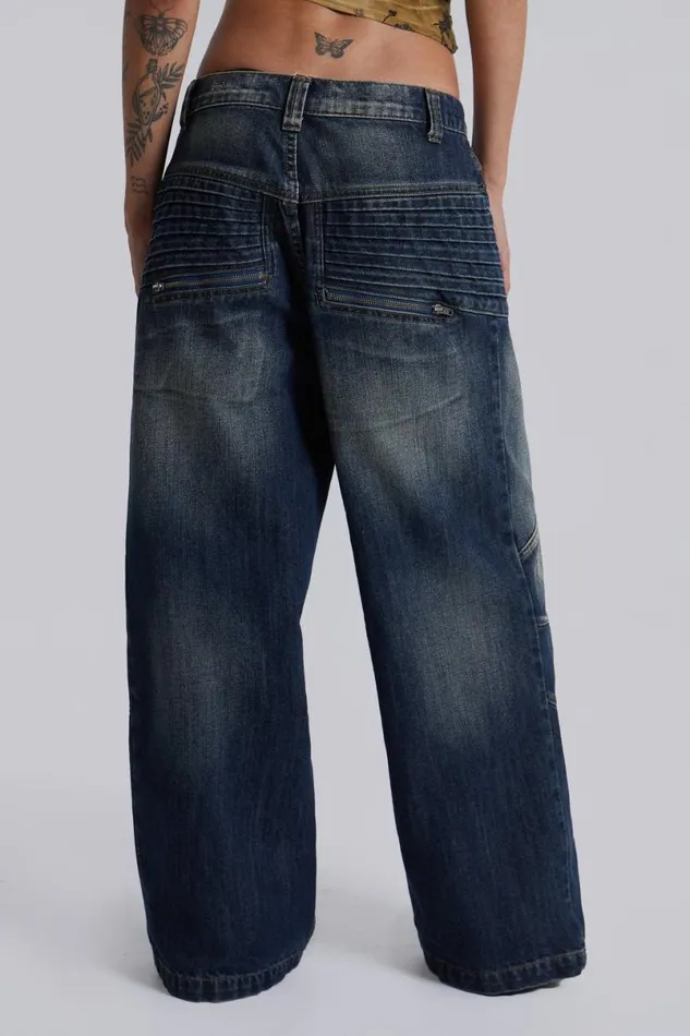Jaded London Jeans WomenUnisex Mid Blue Crash Biker Colossus Jeans Blue