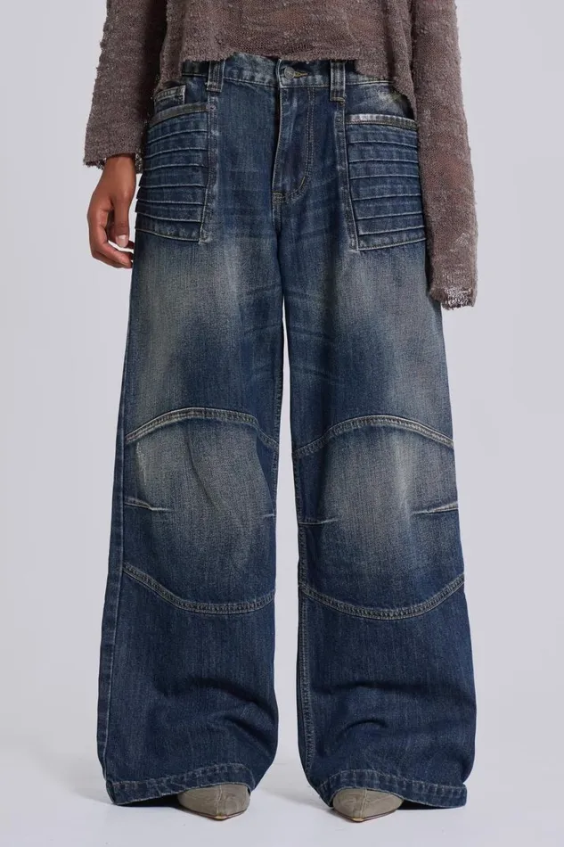 Jaded London Jeans WomenUnisex Mid Blue Crash Biker Colossus Jeans Blue