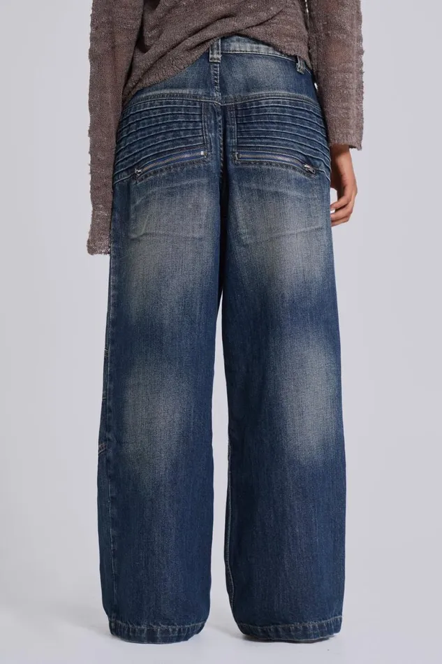 Jaded London Jeans WomenUnisex Mid Blue Crash Biker Colossus Jeans Blue