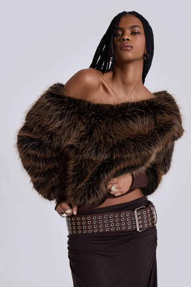 Jaded London Knitwear Women 316 Off The Shoulder Fur Jumper Brown