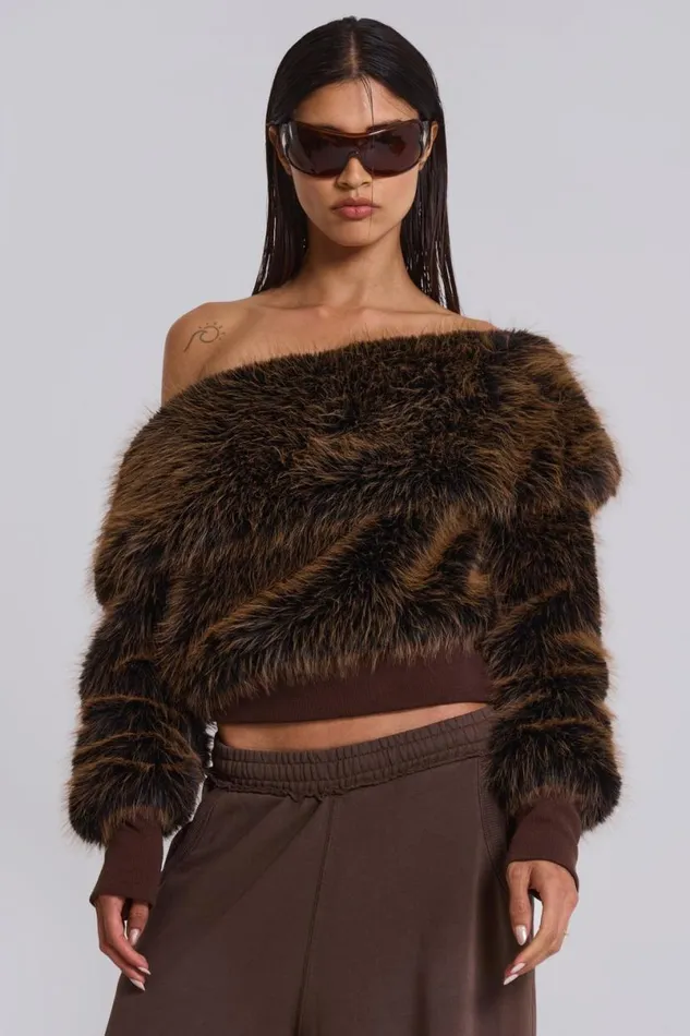 Jaded London Knitwear Women 316 Off The Shoulder Fur Jumper Brown