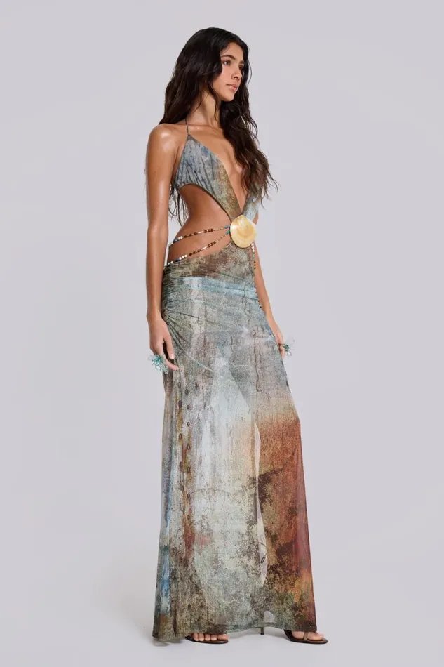 Jaded London Maxi Dresses Women Vida Backless Maxi Dress With Shell Trim In Marine Bluebrown