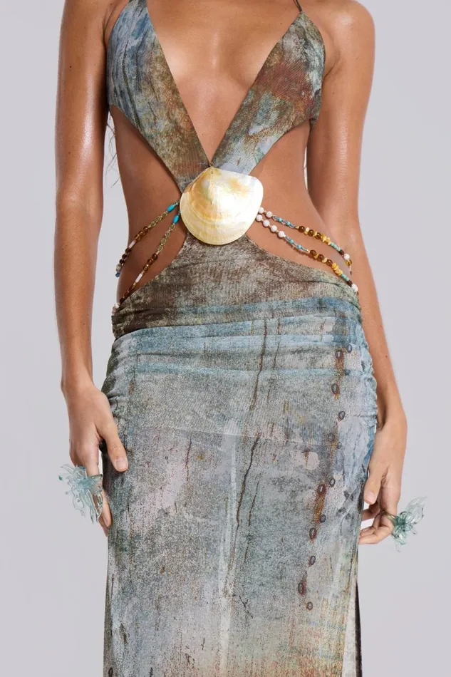 Jaded London Maxi Dresses Women Vida Backless Maxi Dress With Shell Trim In Marine Bluebrown