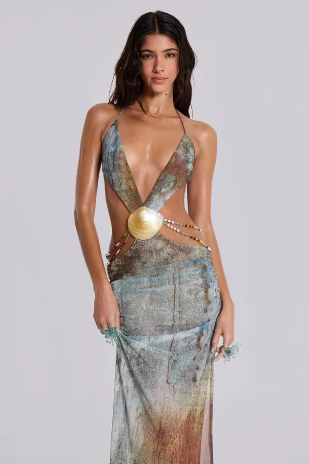 Jaded London Maxi Dresses Women Vida Backless Maxi Dress With Shell Trim In Marine Bluebrown
