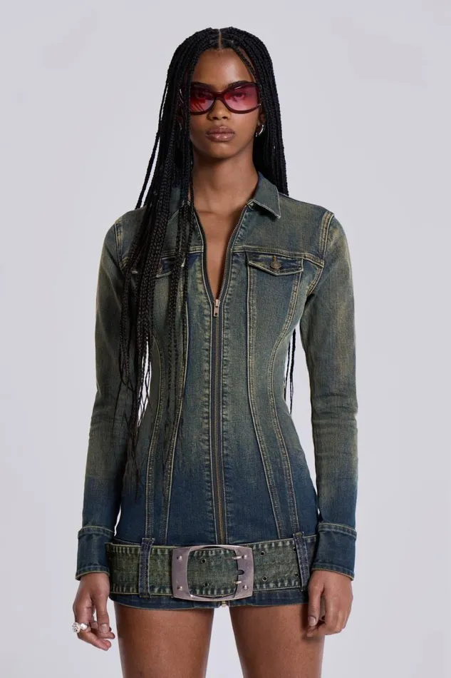 Jaded London Mini Dresses Women Steel City Denim Mini Dress Blue