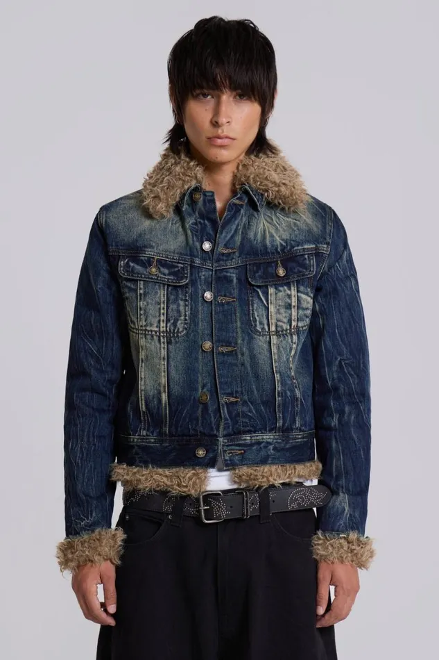 Jaded London Outerwear Men Shaggy Denim Jacket Blue