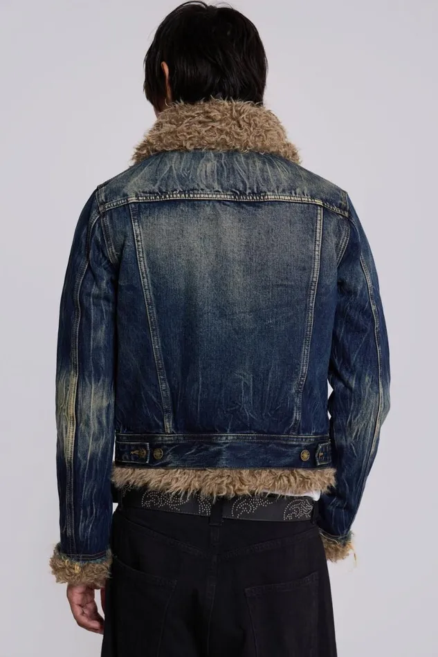 Jaded London Outerwear Men Shaggy Denim Jacket Blue