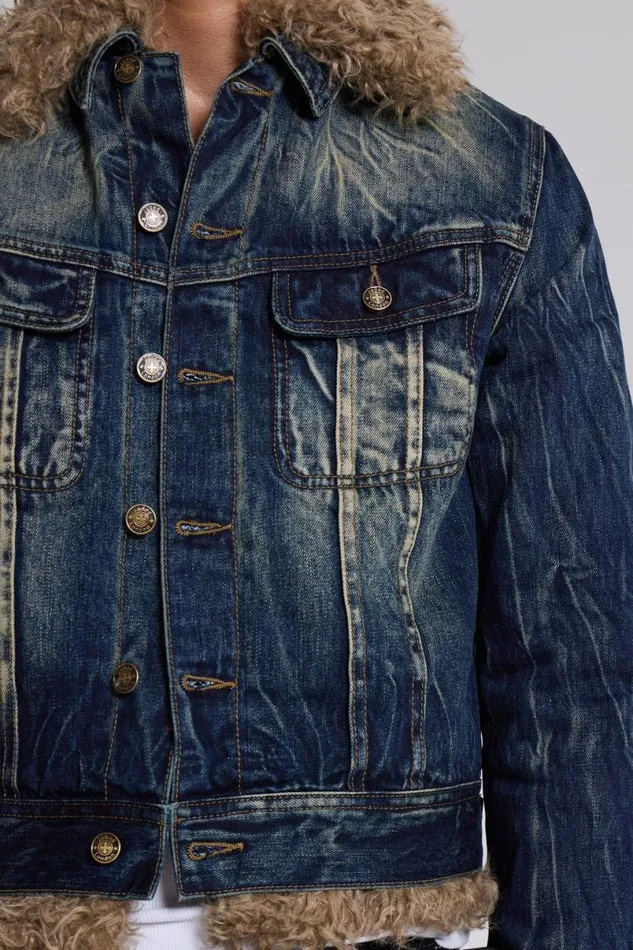 Jaded London Outerwear Men Shaggy Denim Jacket Blue