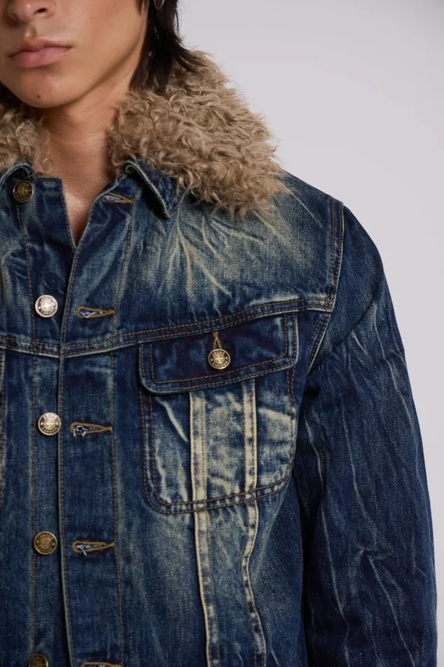 Jaded London Outerwear Men Shaggy Denim Jacket Blue
