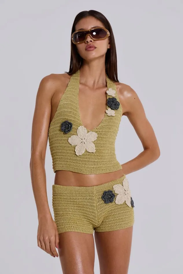 Jaded London Shorts and Jorts Women Vine Crochet Mini Shorts With Flower Detail Green