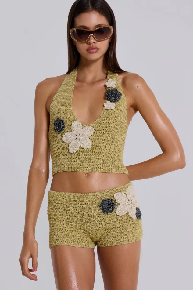 Jaded London Shorts and Jorts Women Vine Crochet Mini Shorts With Flower Detail Green