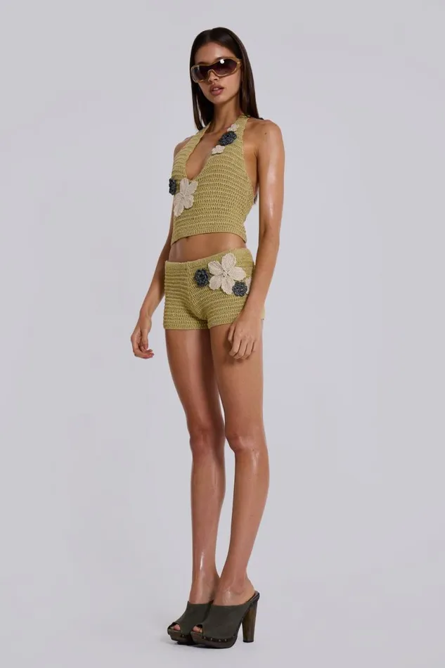 Jaded London Shorts and Jorts Women Vine Crochet Mini Shorts With Flower Detail Green