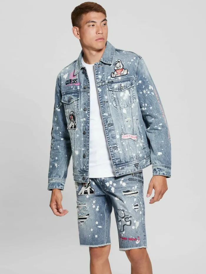 Jeans and Denim GUESS Men Graffiti Patchwork Denim Jacket Teddy