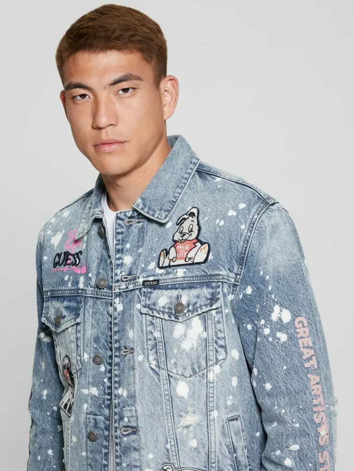 Jeans and Denim GUESS Men Graffiti Patchwork Denim Jacket Teddy