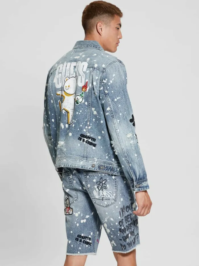 Jeans and Denim GUESS Men Graffiti Patchwork Denim Jacket Teddy