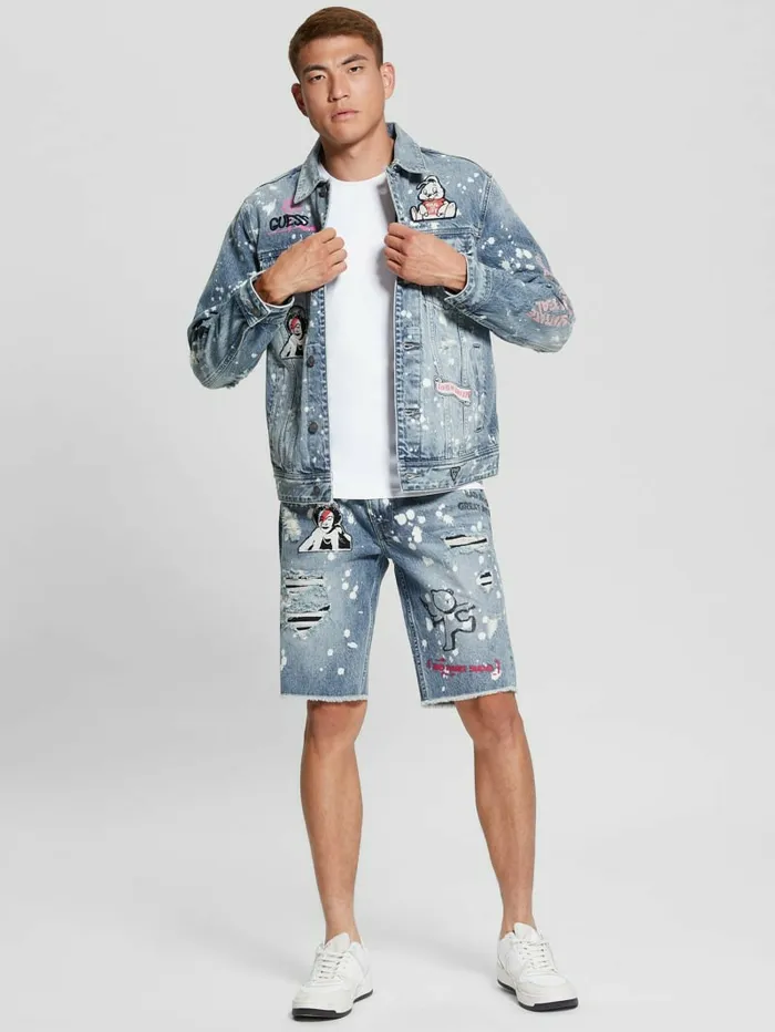 Jeans and Denim GUESS Men Graffiti Patchwork Denim Jacket Teddy