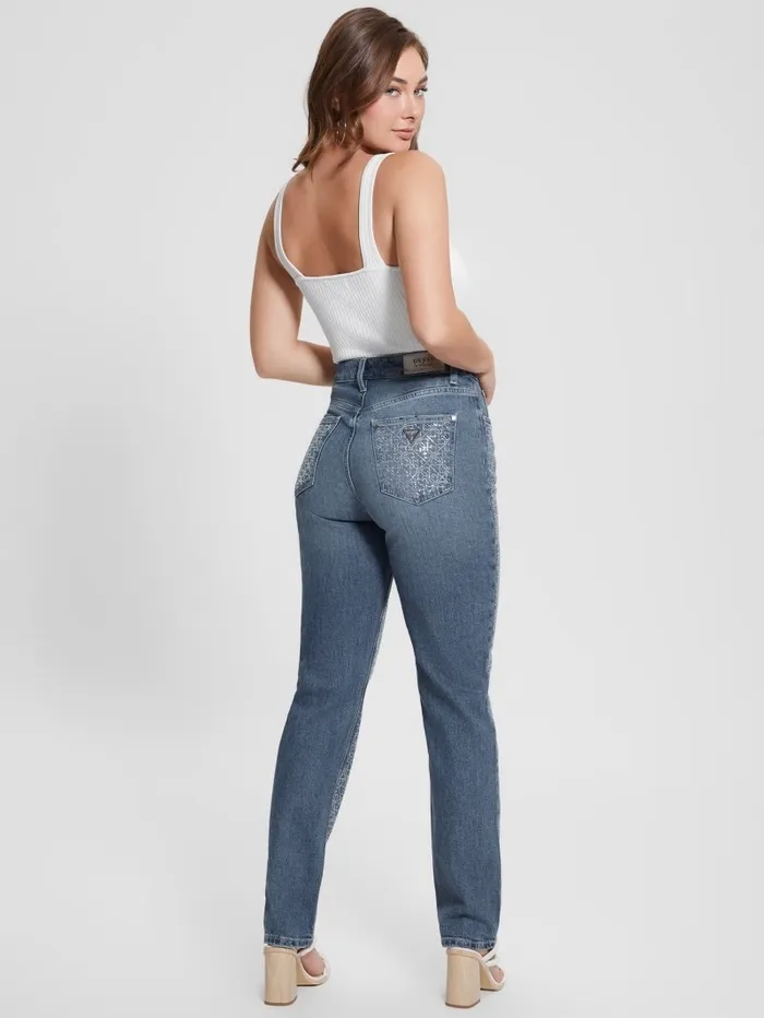 Jeans and Denim GUESS Women Rhinestone Quattro G Mom Jeans The Journey