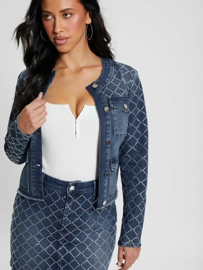 Jeans and Denim Women Larissa Diamond Denim Jacket Bling Ocean GUESS