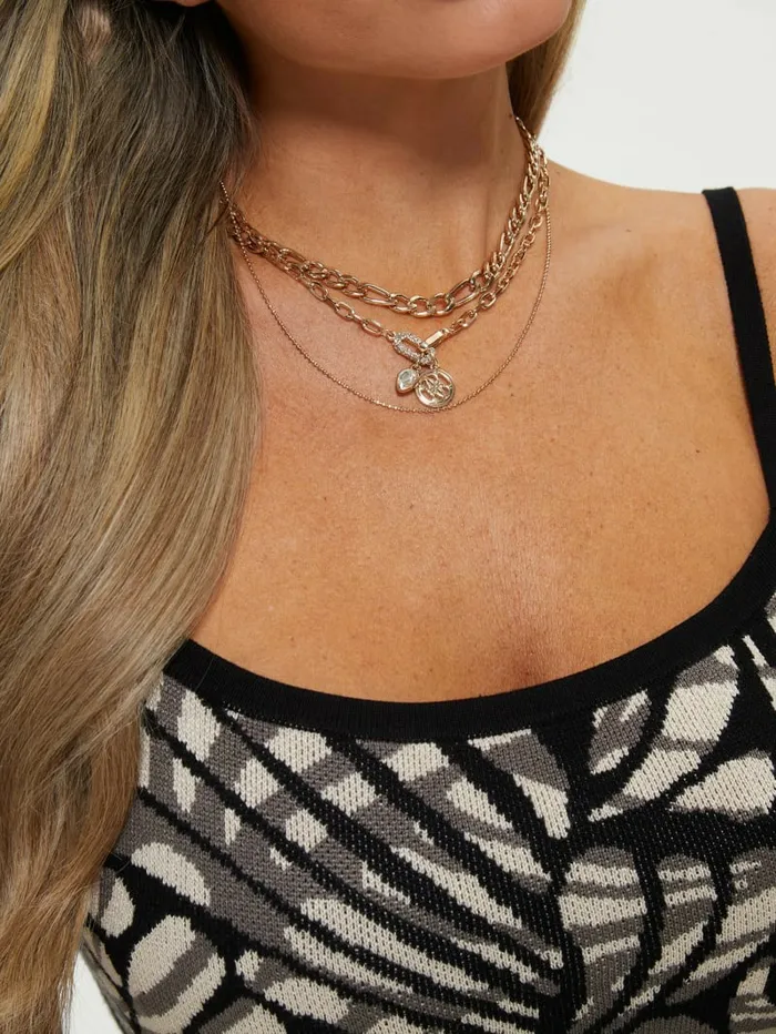 Jewelry Women GUESS GoldTone Logo Charm Layered Necklace Gold Jewelry Women GUESS GoldTone Logo Charm Layered Necklace Gold
