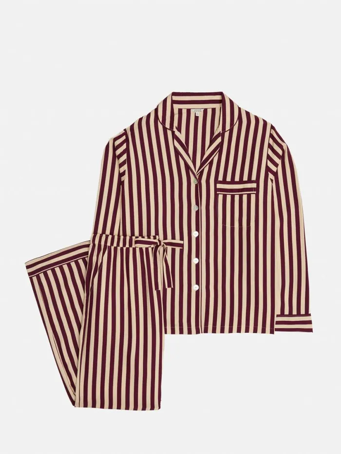 Jigsaw Classic Stripe Pyjama Burgundy Women Pyjamas and Loungewear