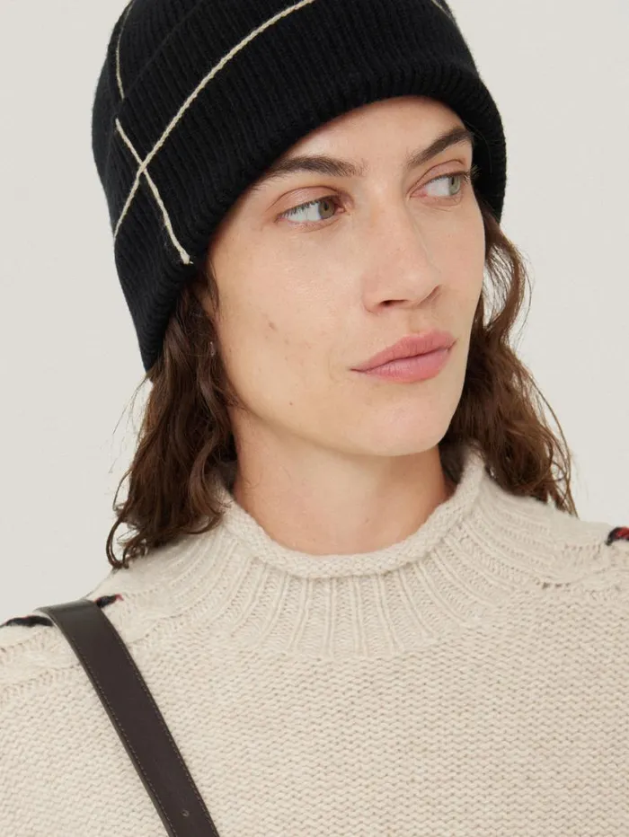 Jigsaw Contrast Stitch Beanie Black Women Hats and Gloves
