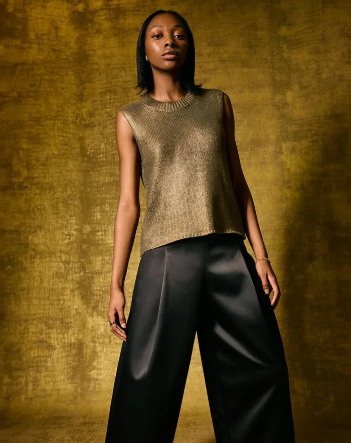 Jigsaw Cotton Metallic Crew Tank Gold Women Knitwear and Cashmere