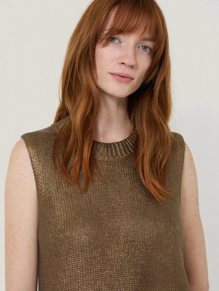 Jigsaw Cotton Metallic Crew Tank Gold Women Knitwear and Cashmere