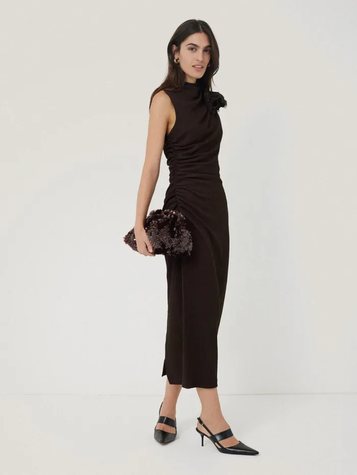 Jigsaw Crinkle Ruched Corsage Dress Dark Brown Women Dresses and Jumpsuits