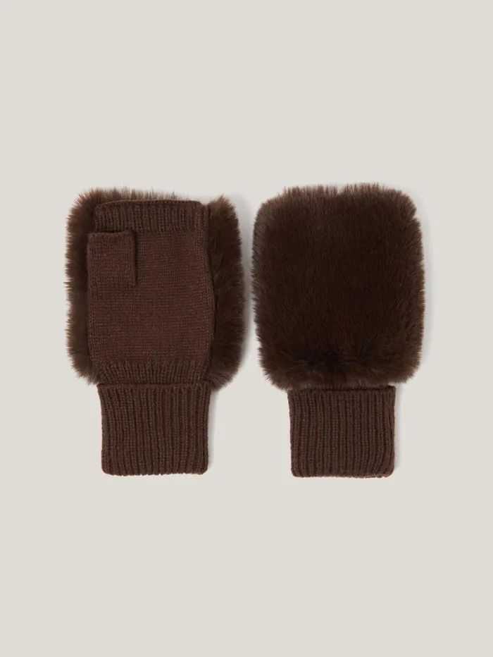 Jigsaw Faux Fur Mittens Chocolate Women Hats and Gloves