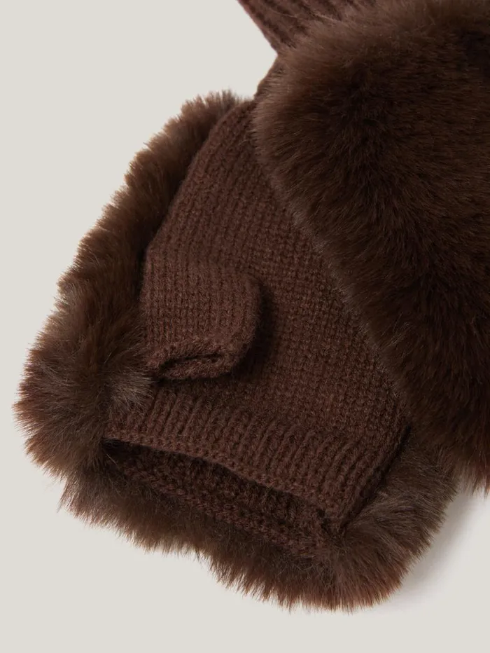 Jigsaw Faux Fur Mittens Chocolate Women Hats and Gloves