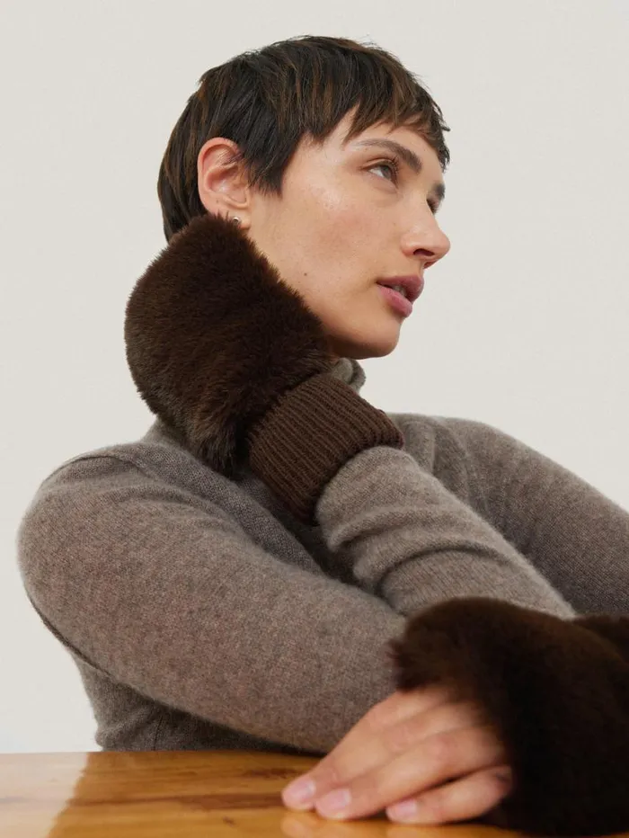 Jigsaw Faux Fur Mittens Chocolate Women Hats and Gloves