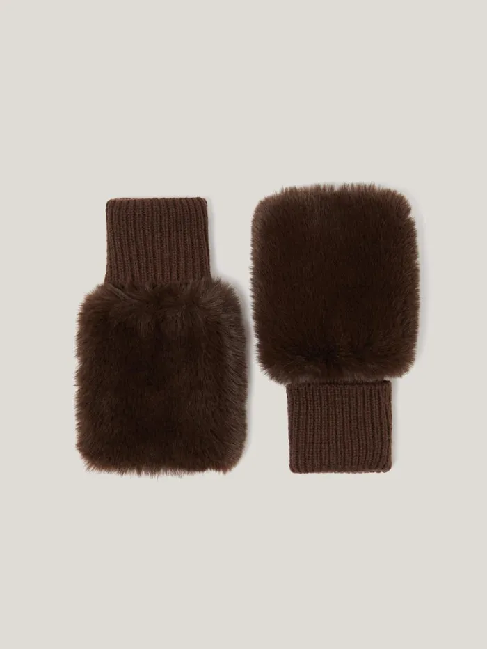 Jigsaw Faux Fur Mittens Chocolate Women Hats and Gloves