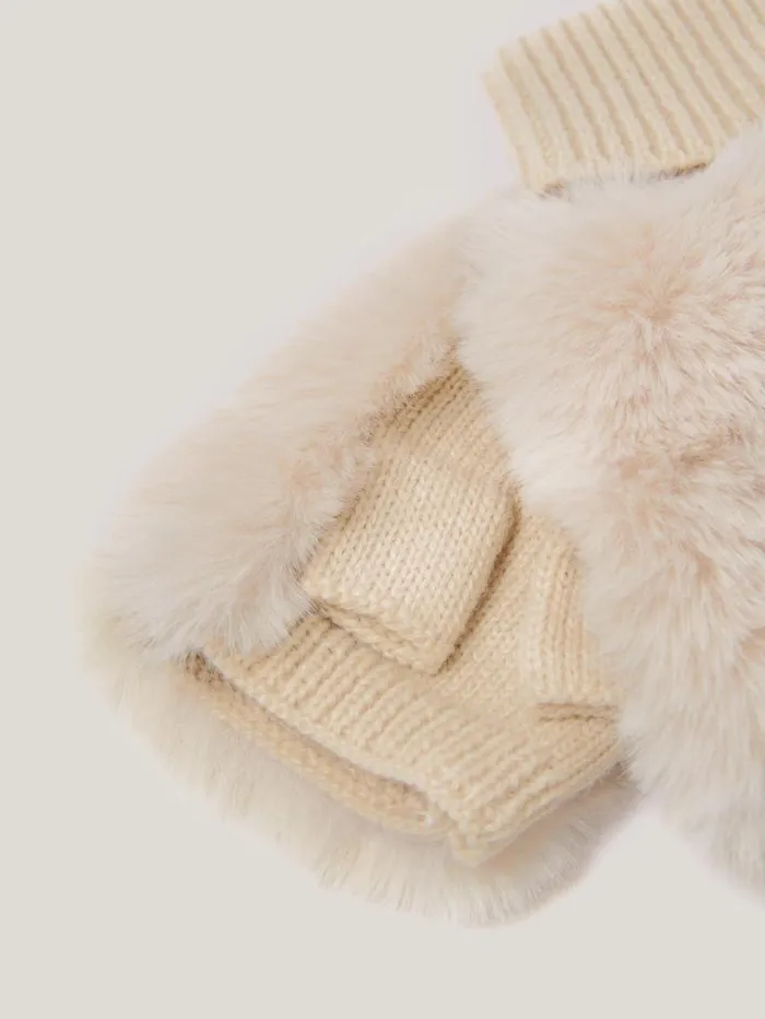 Jigsaw Faux Fur Mittens Cream Women Hats and Gloves